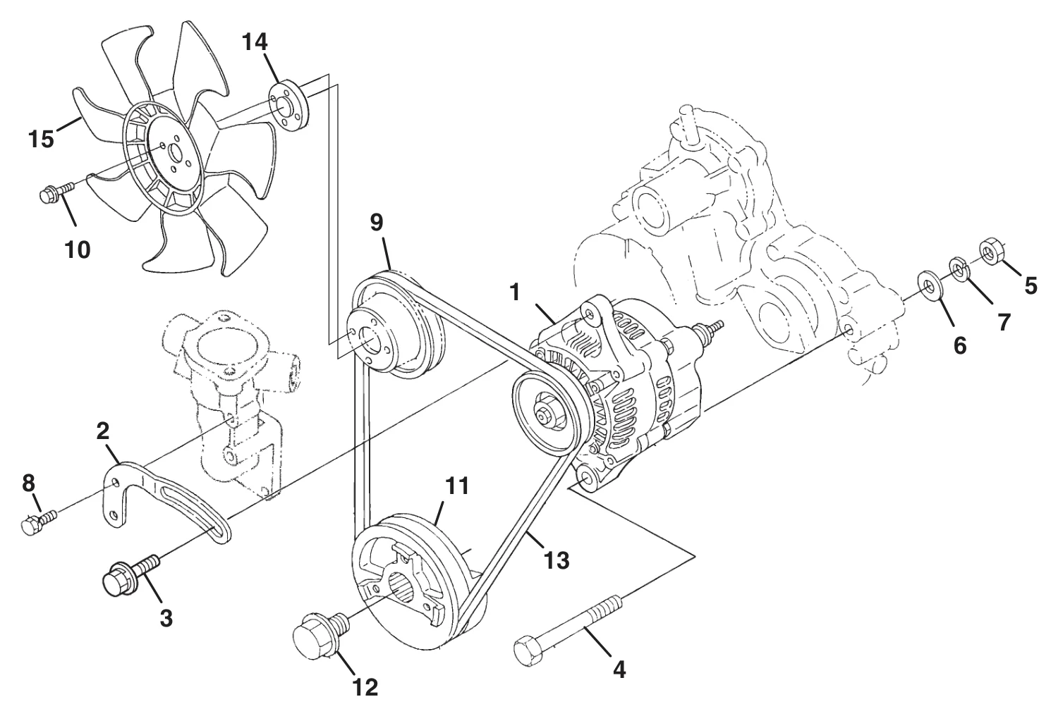 Despiece del sistema de correa del motor Kubota D1105 con ventilador, poleas, correa en V y alternador