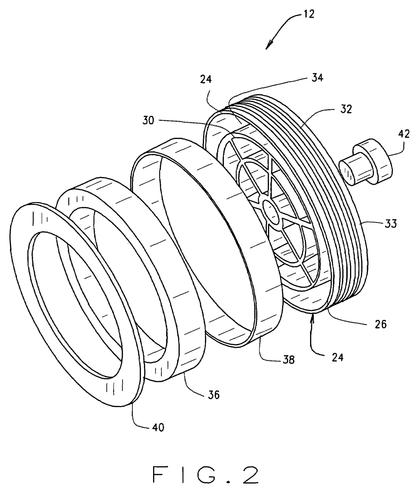 Dibujo técnico del damper con polea desarmado a lo largo del eje: cubo, inserto de caucho, anillo de inercia y tapa