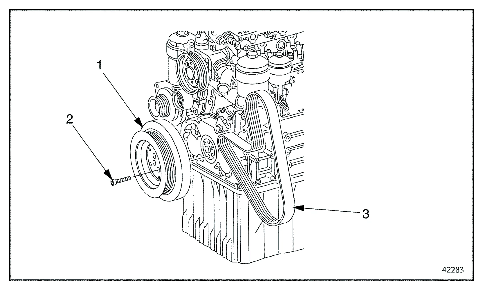 Dibujo de desmontaje del damper con polea poly-V del cigüeñal del motor Mercedes-Benz OM 906