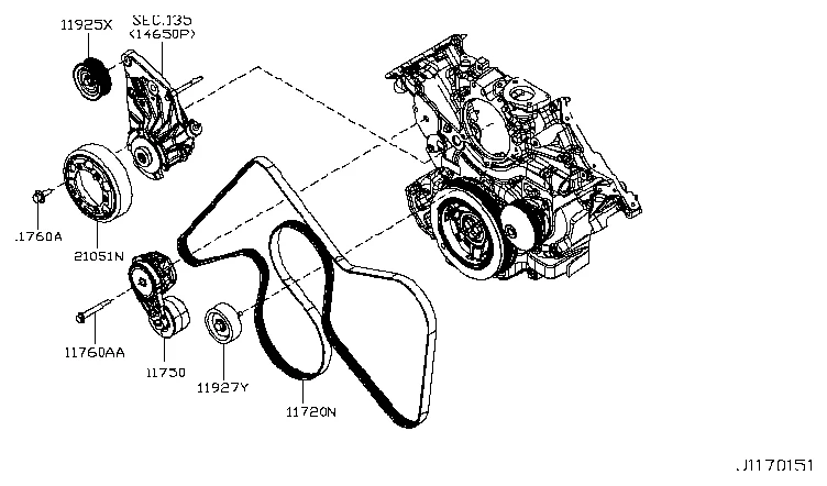 Despiece de la transmisión de accesorios con tensor, poleas locas, polea de ventilador y correa poly-V de un motor Cummins 5.0 diésel