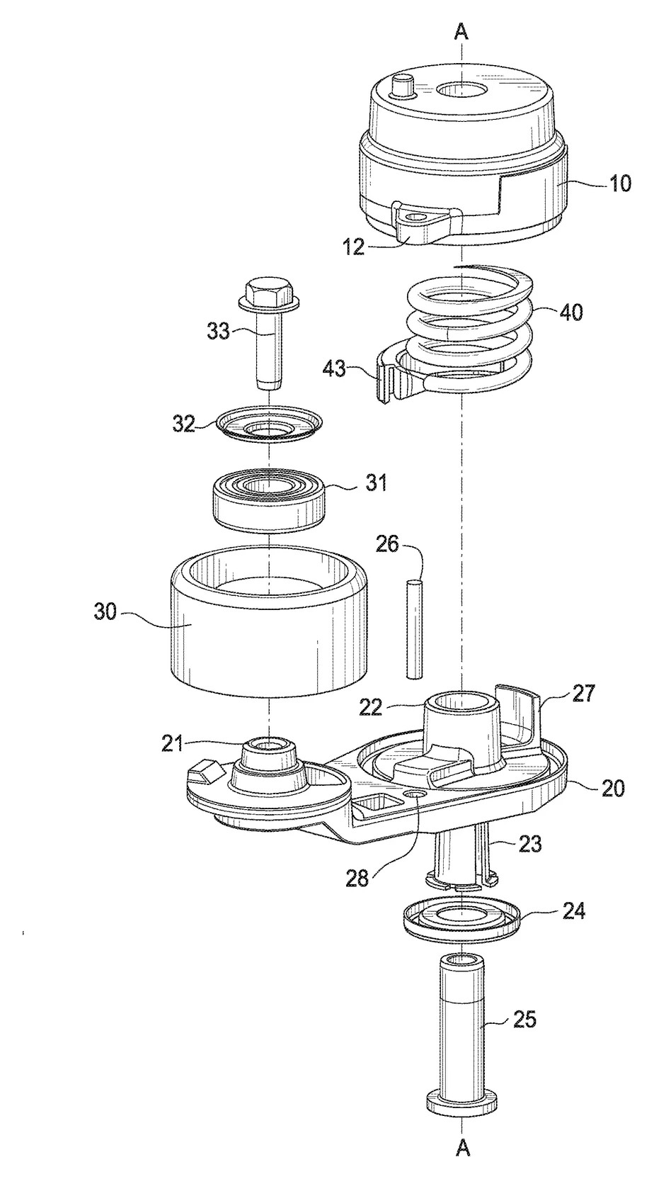 Dibujo técnico del tensor automático desarmado: base, resorte de torsión, brazo, polea, rodamiento y eje pivote