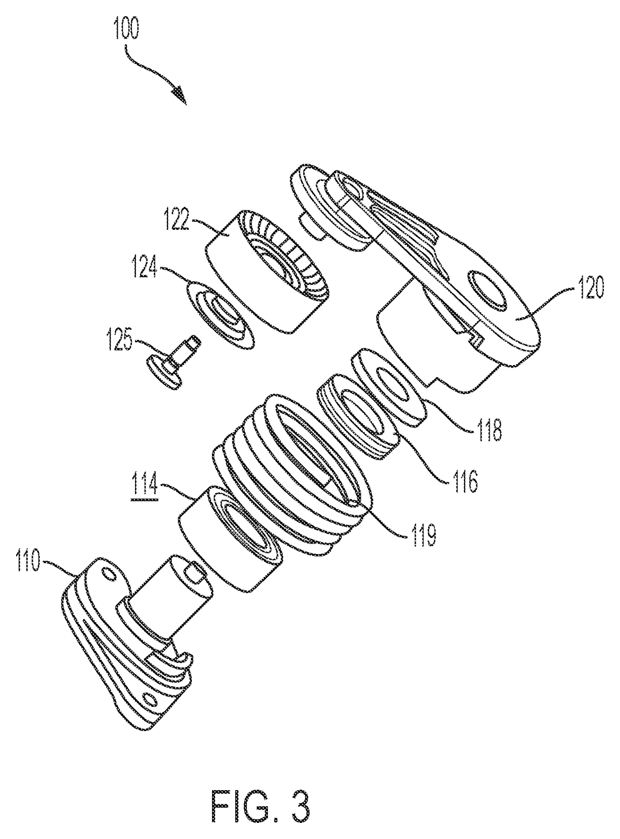 Dibujo técnico de tensor de correa desarmado con resortes de compresión y torsión, disco de amortiguación, brazo y polea