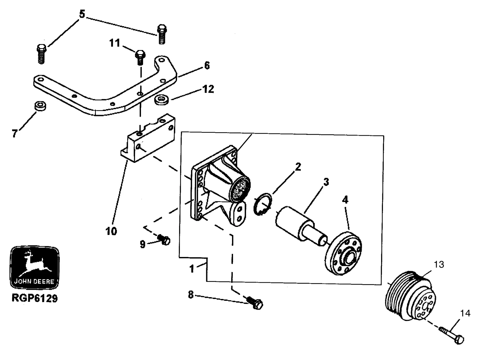 Despiece del mando del ventilador del motor John Deere 4039 y 4045 con soporte, eje, cubo y polea